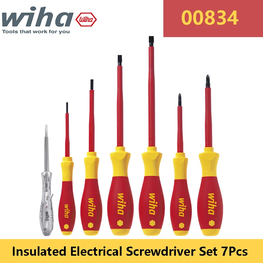 WIHA 00834 Insulated Electrical Screwdriver Set 7Pcs Slotted Phillips Screwdriver Voltage Tester Wiha VDE Precision Screwdriver