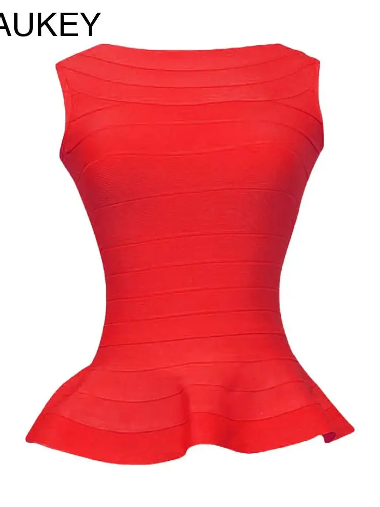 BEAUKEY Quality Red Fishtail Rayon Elastic Bandage Mermaid Camis Sexy Peplum Long Crop Tops Women Vest OL Classic Ruffles Vest