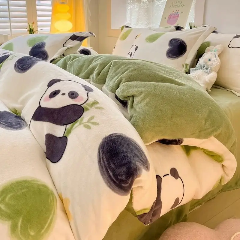 

Panda Four Piece Milk Flour Thickened Quilt Set, Bed Sheet, Student Dormitory Cute Flour Bedding Set, Winter Special