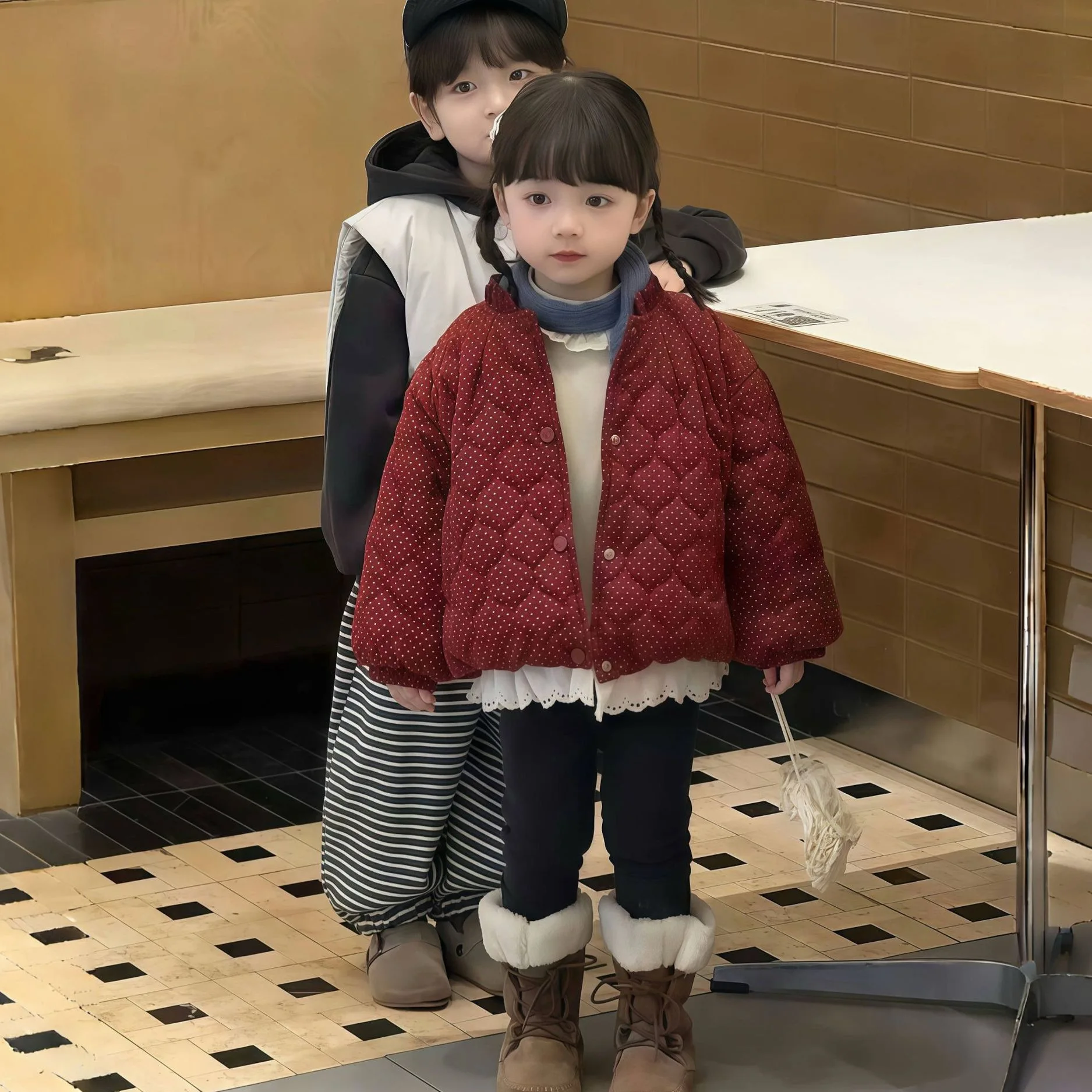 معطف قطني مبطن بالصوف منقط مضاف برباط سميك شتوي كوري فضفاض كاجوال حلو لطيف عصري مريح #1