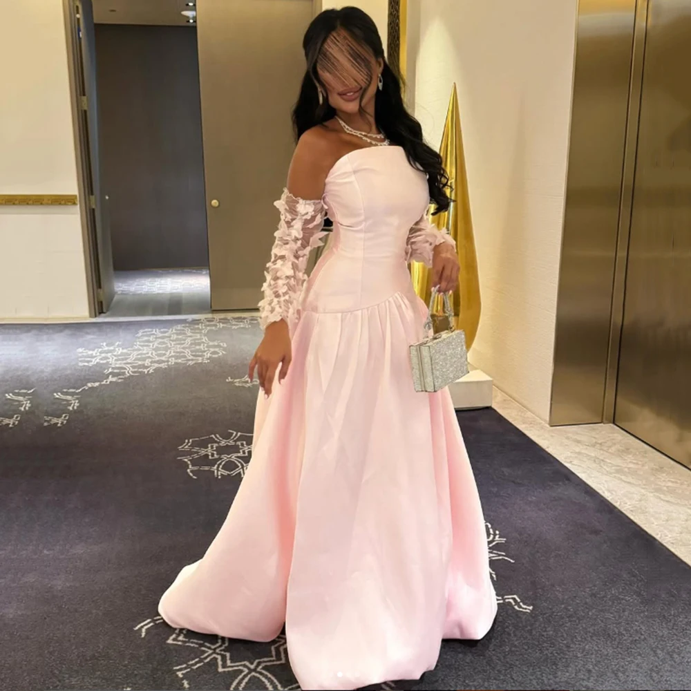 

Customized Pink Satin Strapless A-line Flower Appliques Evening Dresses Draped Sexy Backless Floor Length Formal Pageant Gowns