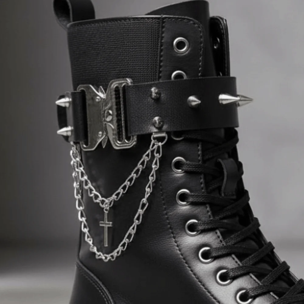 Fashion Adjustable Leg Garter Leatherette Cross-Pendant Chain Armband Metallic Quick-Release Thigh Ring Halloween