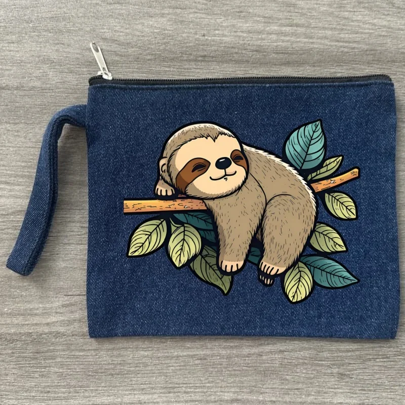 

Kawaii Sloth Sorry I Can't I'm Very Busy Women Canvas Denim Cosmetic Bag Organizer Print Women Zipper Sundries Storage Bags