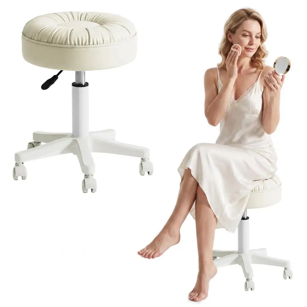 Rolling Stool with Wheels,Height Adjustable Task Chair,	Faux Leather Seat,360-Degree Swivel Round Stool for Salon,Home Office