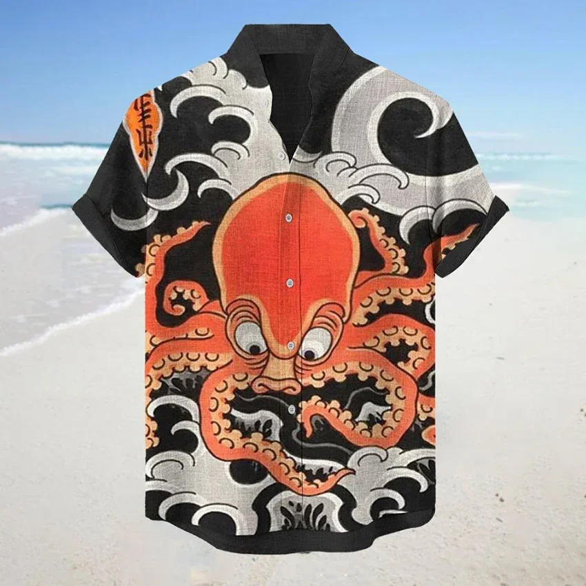 

Imagining an Exaggerated Hawaiian Shirt with Tropical Style, 3D Digital Printing, Men's Short Sleeved Stand Up Collar Shirt