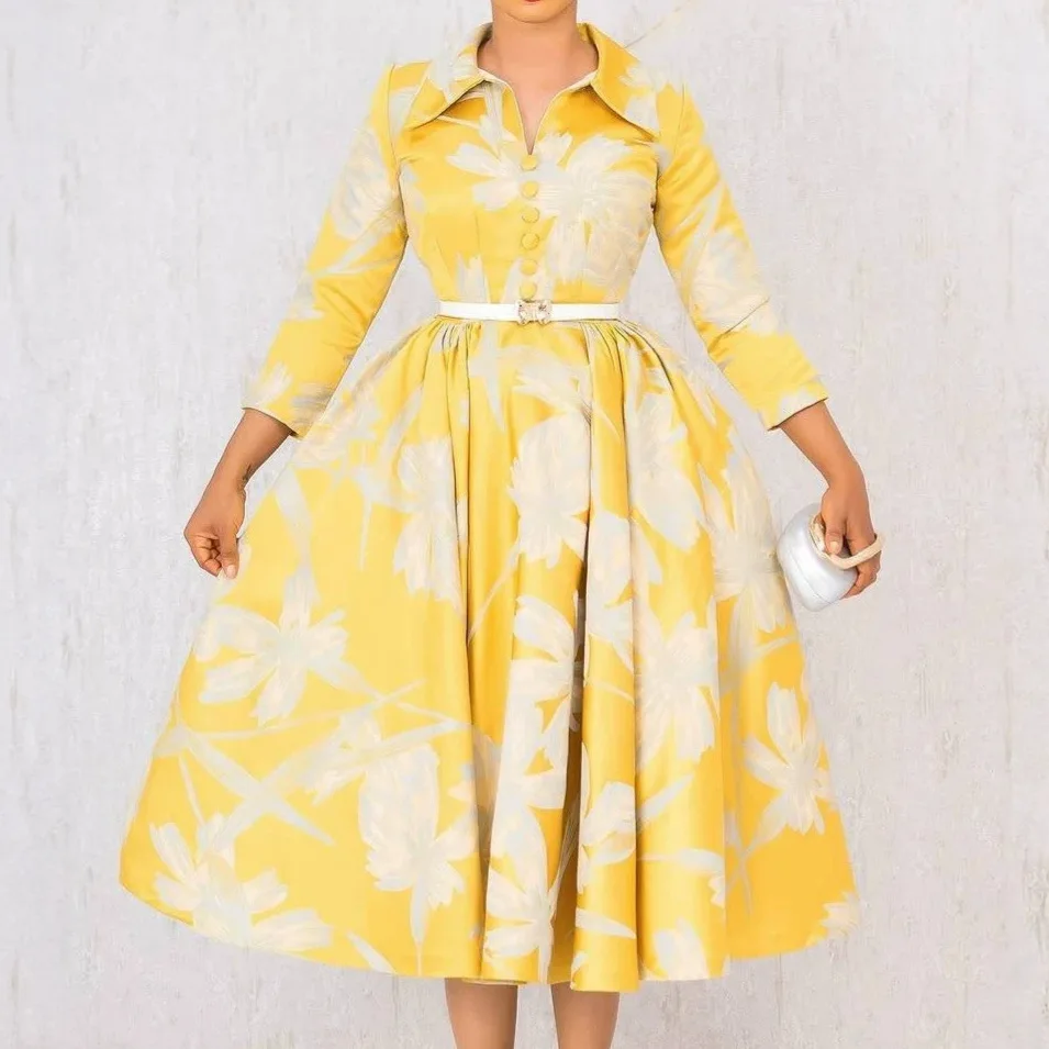 

QMANSHA Custom Yellow Floral Jacquard Dress 3/4 Sleeve Collar A-Line Midi Formal Party Gown with Belt Plus Size for Women