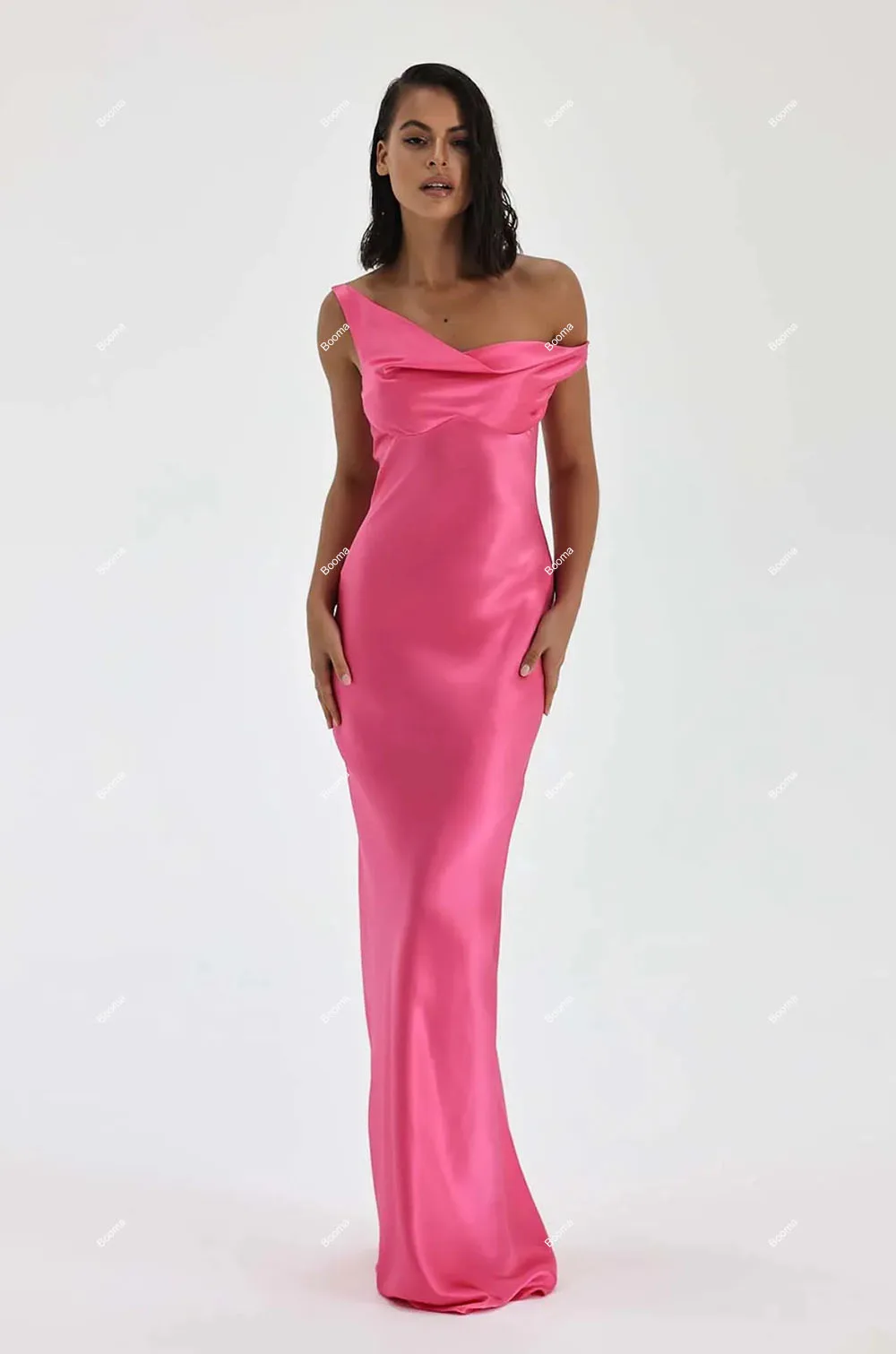 Booma Neon Pink Satin Mermaid Evening Dresses One Shoulder Asymmetrical Wedding Guest Dress for Women Long Party Prom Gowns