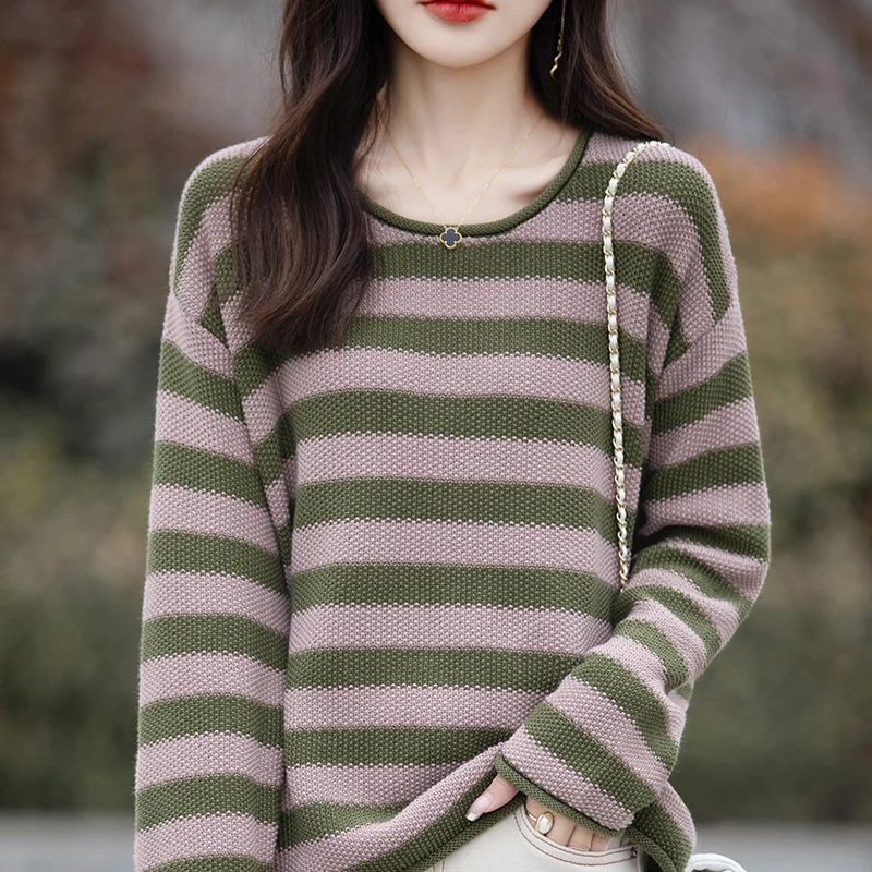 2024 Spring Autumn New 100% Cotton Sweaters Women O-neck Striped Female Long Sleeve Tops Korean Fashion Loose Oversized Pullover