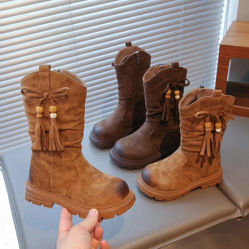 

2025 New Girls Mid-calf Leather Boots Retro Style Children Fashion Boots Side Zipper Tassel Kids Chelsea Boots Autumn Winter