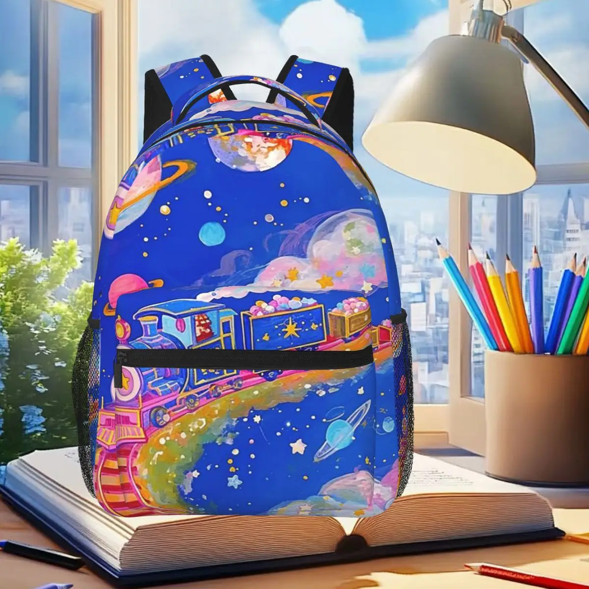 

Dreamy Cartoon Space Train Adventure Backpack Student Boys Girls BookBag Kids School Bag Computer Shoulder Bags for Men Women