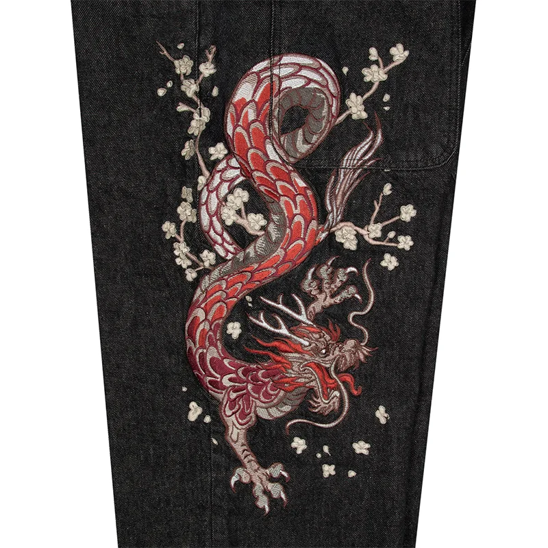 Y2K Washed Distressed Jeans Dragon Plum Blossom Pattern Embroidery Casua Loose Wide Leg Jeans Men Women Fashion Trend Streetwear
