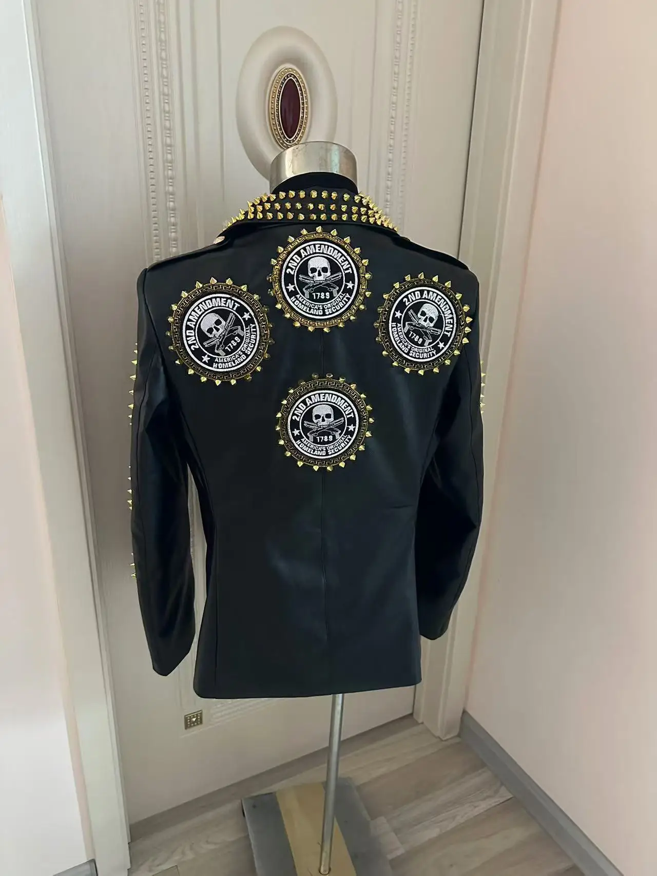 Customs Handmade Men\'s Cool Skeleton Rivets Leather Jacket Costumes Party club Male Singer Dancer Stage Show Performance Coat