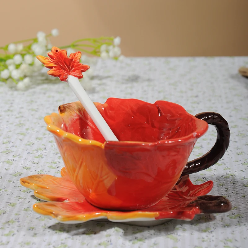 Ceramic Cup with Saucer Spoon Maple Leaf Coffee Set Flower Tea Cups Water Mug Milk Mugs Gift