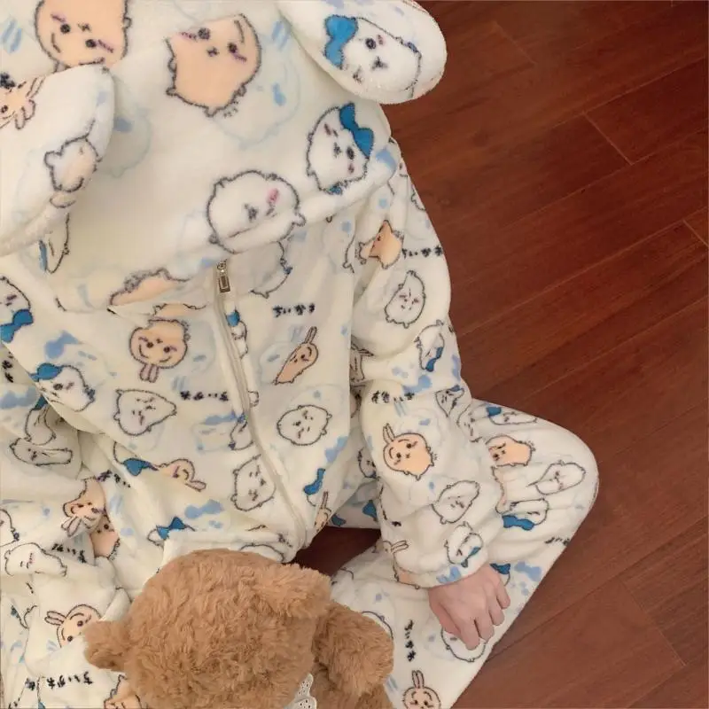 Chiikawa Usagi Flannel Lovers Pajamas Girl Kawaii Autumn Winter Zipper Hooded Pajama Set Coral Fleece Boy Homewear Festival Gift
