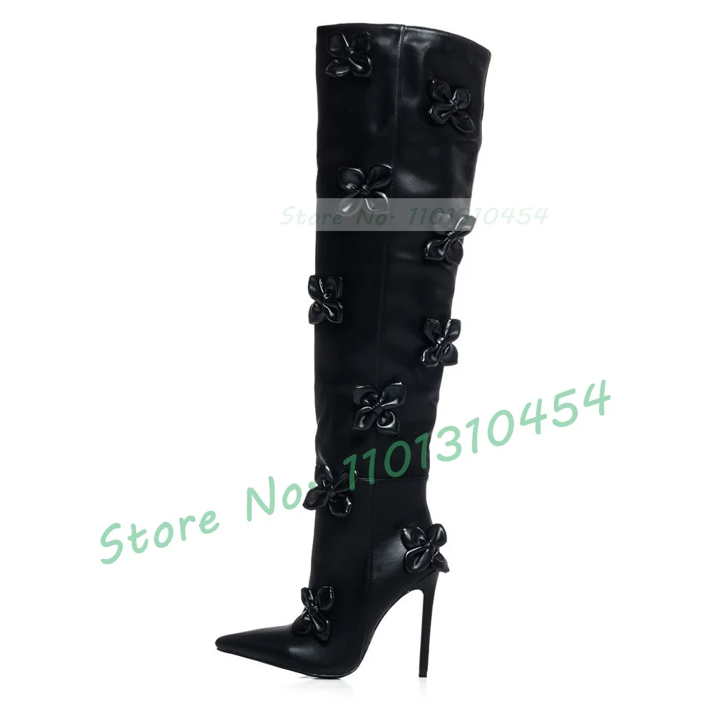 Black Flower Decals Stiletto Boots Women Dark Style Pointy Leggy High Heels Thigh High Boots Fashion Ladies Festival Dress Shoes