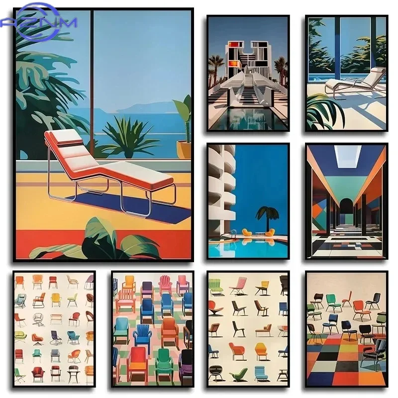 AZNM Colorful Bauhaus Mid Century Lounge Chair Architecture Posters and Prints Canvas Printing Wall Art Picture for Living Room