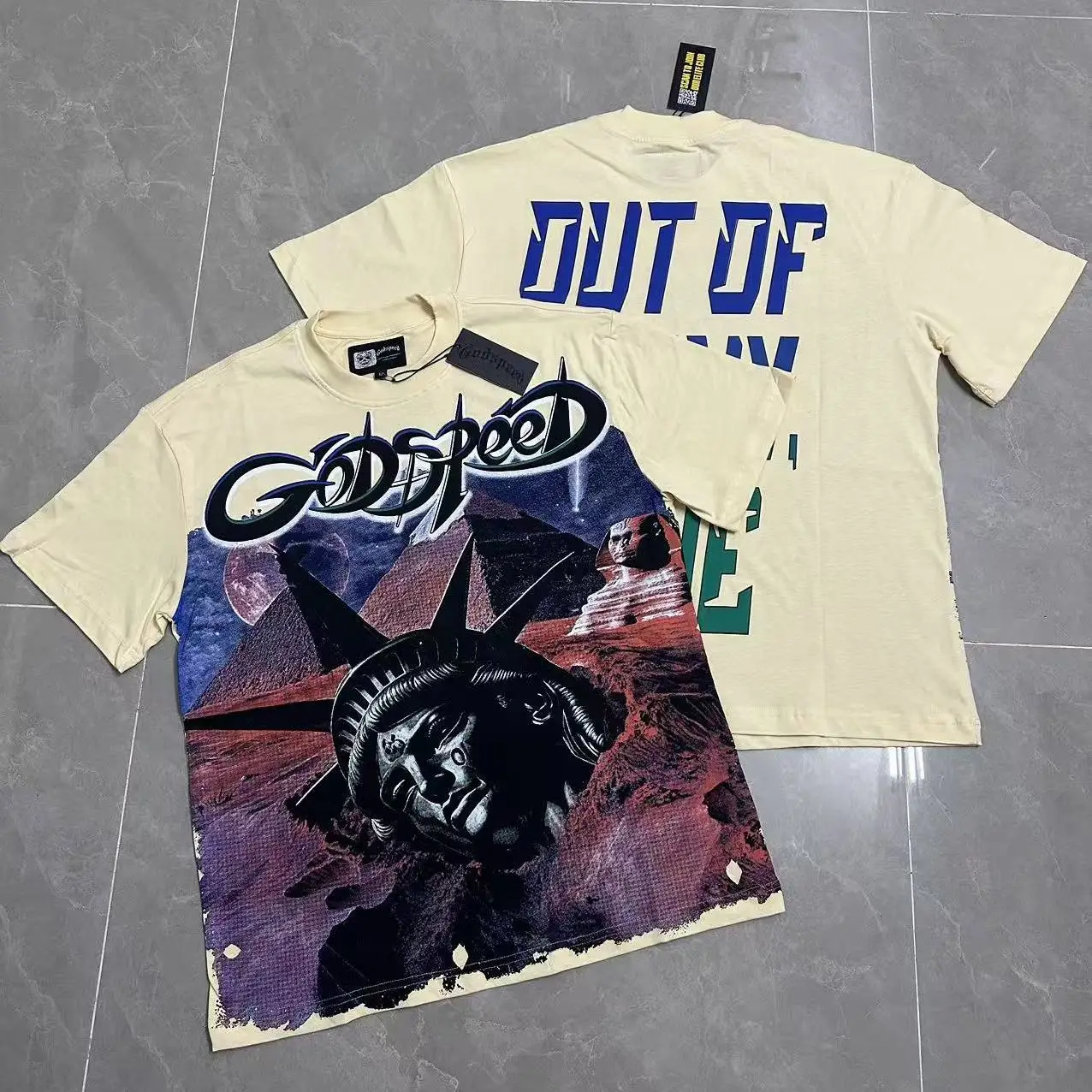 Godspeed Retro Pyramid Statue Print Loose round Neck Heavyweight Pure Cotton Short Sleeve T-Shirt Youth Fashion Streetwear Ci...