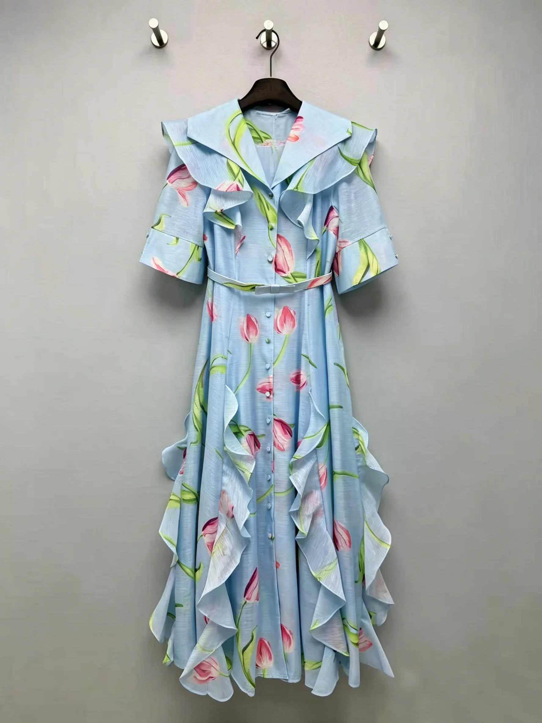 plus Size Dress Summer Spring Short Sleeve Ruffles High Street Vintage Flower A-Line Belt Holiday