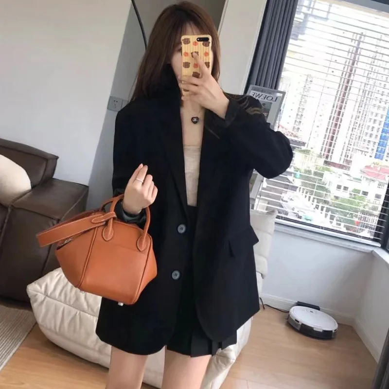 

Women Blazer Beige Oversize Korean Chic Fashionable Stand Pad One Button Capable Commuting Blue High Classic Textured Stylish