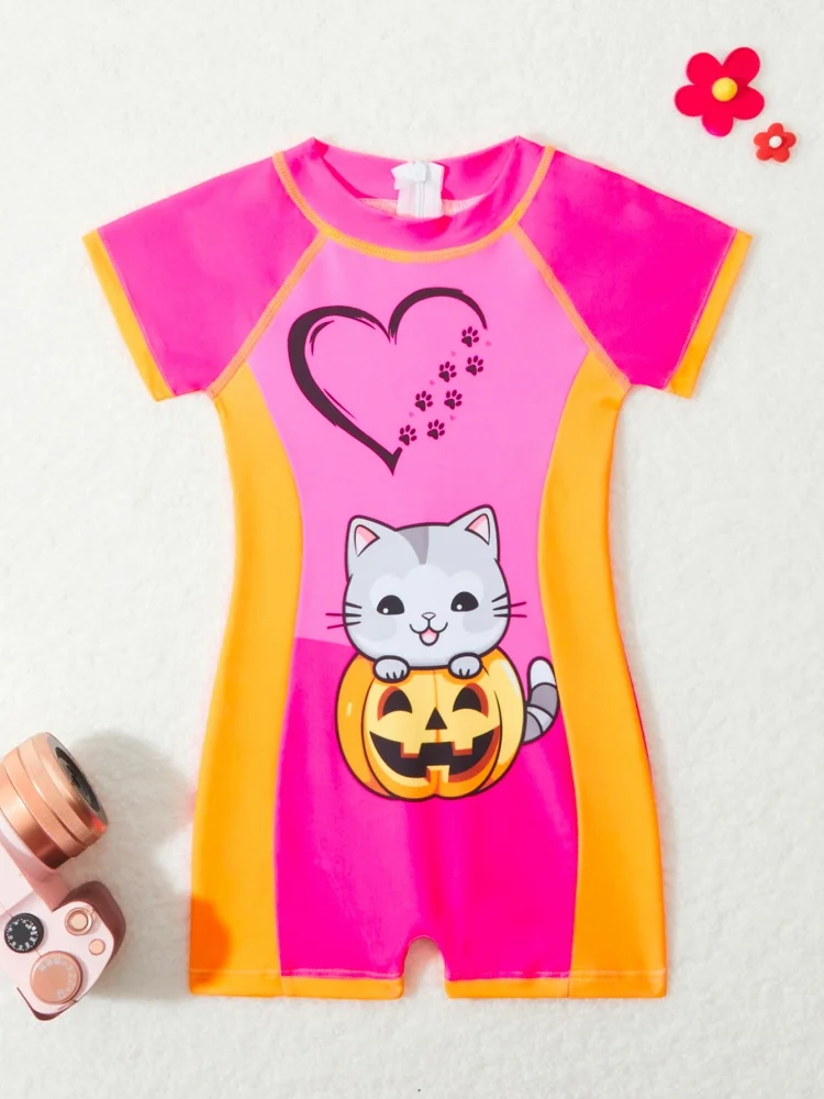 

One Piece Girls Kids Swimsuit 2025 New Pink Love Cartoon Short Sleeve Children Swimwear Summer Beach Wear Bathing Suit Swimming
