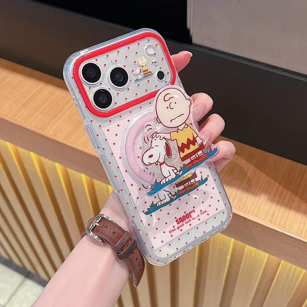 Cute Cartoon Snoopy Charlie Brown Magnetic Holder Magsafe Wireless Charge Phone Case For iPhone 18 17 16 15 Pro Max Hard Cover view 4
