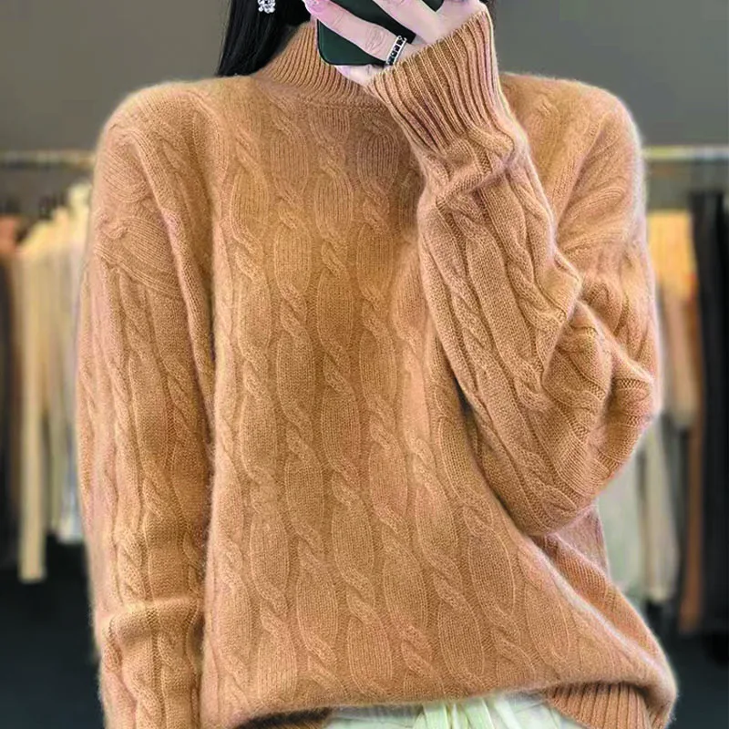 

Winter New Wool Women's Semi-High Neck Twist Thick Long-Sleeved Sweater Loose Knit Bottoming Shirt