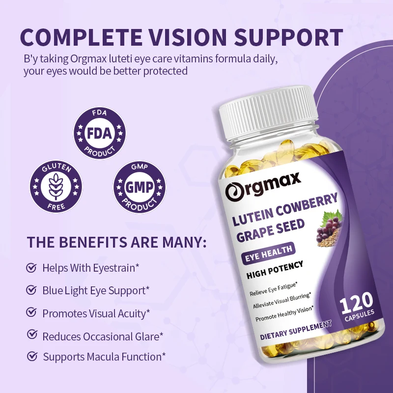 Orgmax Lutein Cowberry Grape Seed Capsules with Vitamin Zeaxanthin High Potency Support Eyes Vision Health Improve Visual Blur