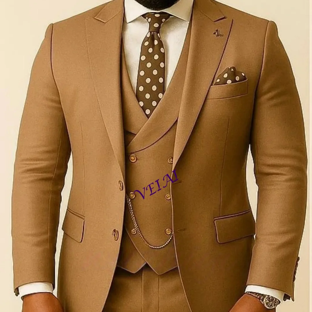 Khaki 3 Piece Men's Formal Suit with Peak Lapel Single Breasted Vest And Pants Set for Party Wedding Prom Business Male Customiz