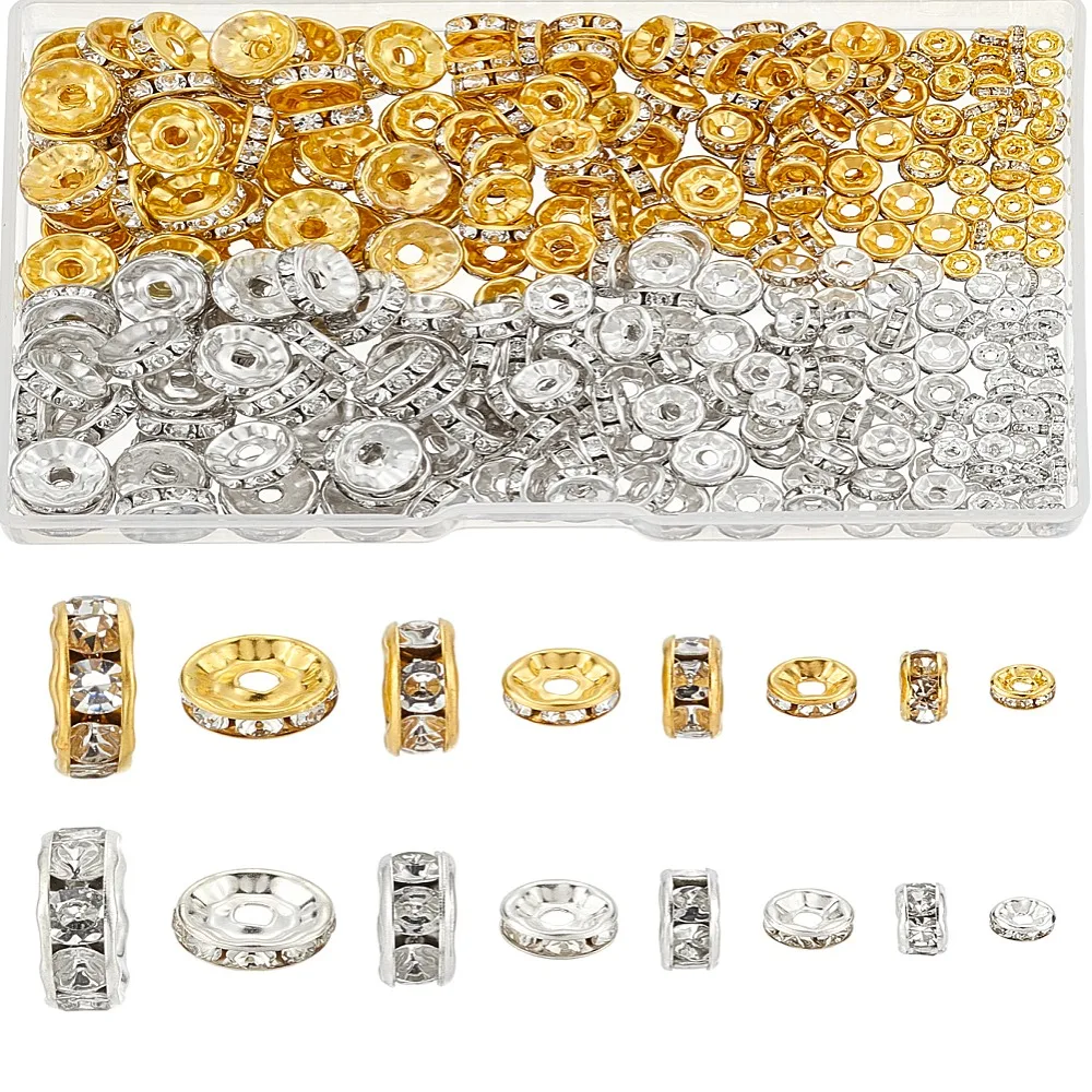

1set 320pcs 8 styles Rondelle Brass Rhinestone Spacer Beads 4~10mm Hole: 1~2.4mm 40pcs/style