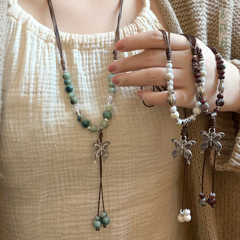 

Vintage Ceramic Butterfly Pendant Necklaces for Women New Chinese Ethnic Style Long Adiustable Handmade Bead Chain Charm Jewelry