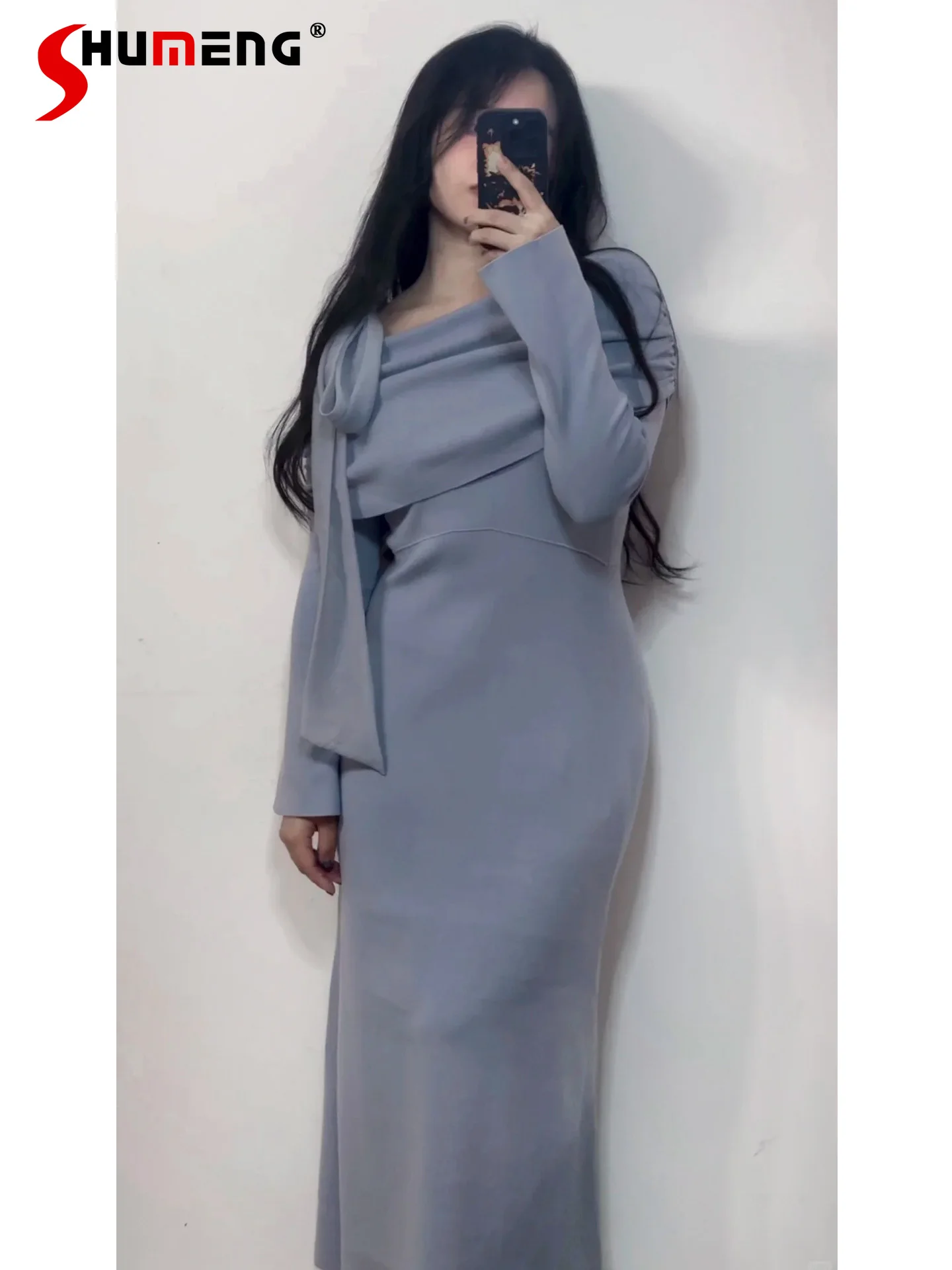 

Japanese Style Temperament Elegant Bow Off-Shoulder Long Sleeve High Waist Slim Fit Bodycon Knitted Long Dress for Women Autumn