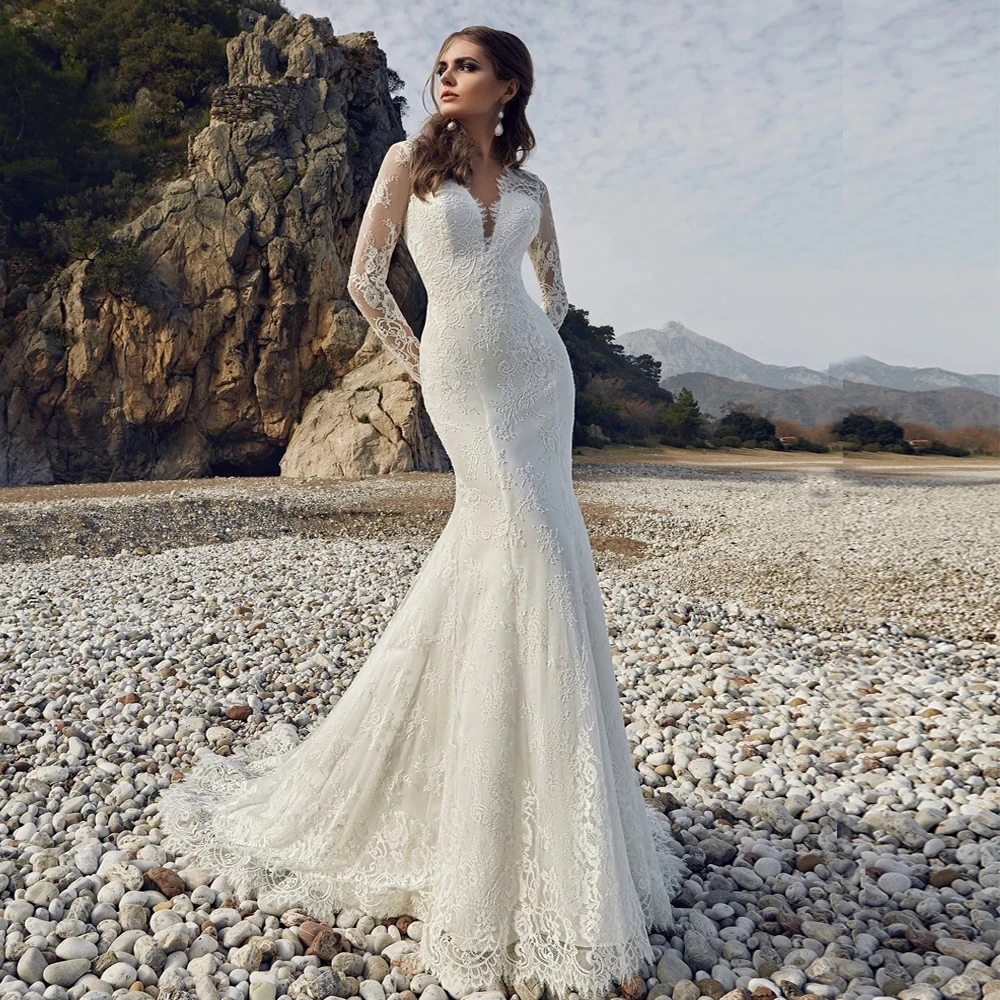 

New Lace Wedding Dress Mermaid Bridal Gown 2026 V Neck Full Sleeves Open Back Woman Boho Bride Dresses Robe Mariage