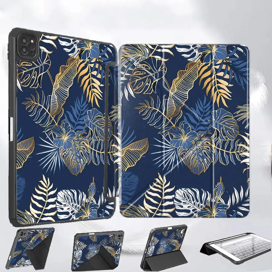 

Чехол-подставка для планшета с тропическими растениями и золотым узором для iPad Pro 11-го, 10-го, 9-го, 8-го, 7-го поколений, 12.9 дюймов, Air 4, 5, M3, M2, M4, 11 дюймов, Mini 6, 7