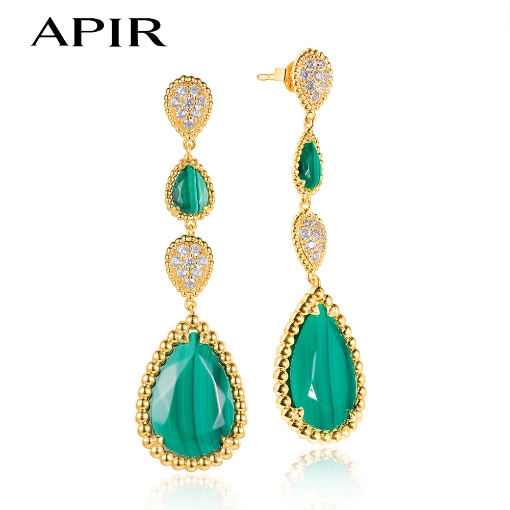 

APIR 18K Gold Plated Malachite Blue green Chalcedony Bohemian Water Drop Earrings for Woman Dance Party Wedding Long earrings