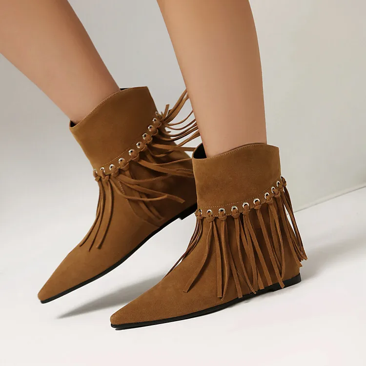 

Low Heels Suede Tassel Ankle Boots Pointed Toe Short Booties Casual Shoes