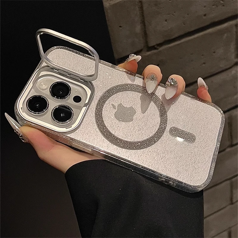 For Magsafe Magnetic Wireless Charge Glitter Clear Case For iPhone 15 14 13 12 11 Pro Max Camera Folding Holder Shockproof Cover