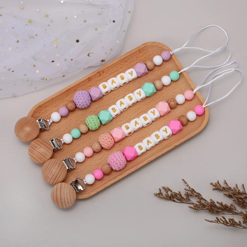 INS Personalized Name Baby Pacifiers Clips BPA Free Silicone Letter Gold Dummy Nipple Holder Clip Chain Teething Toy Accessories