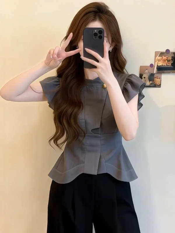 

Fashionable Short Sleeve Shirt Women's Slim Fit Tunic Top with Lace Hemline French Style Breathable Skin-Friendly Summer Commute