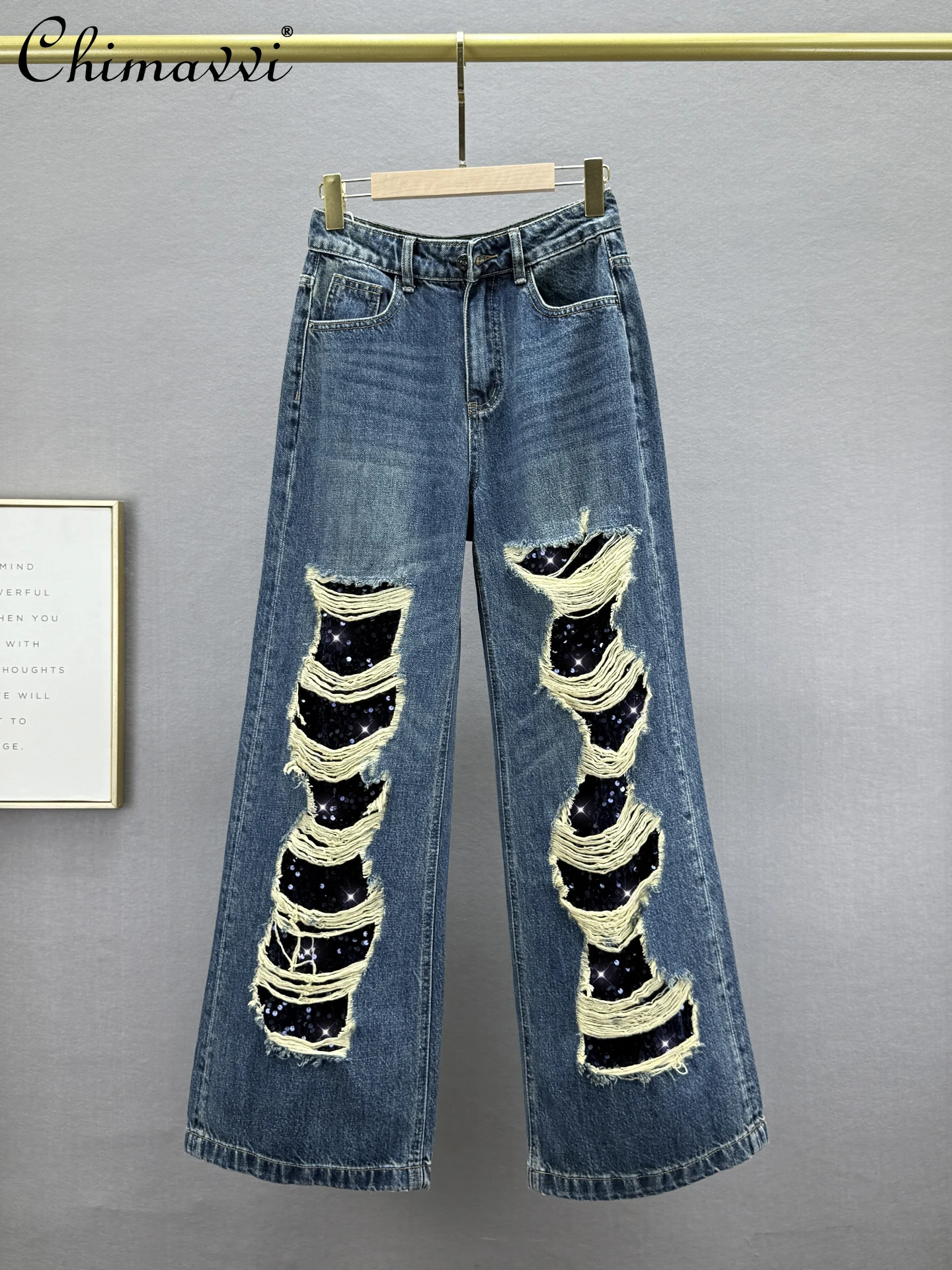 

Fashion Fake Ripped Sequin Denim Wide-Leg Pants for Women Autumn New High-Waisted Loose Slimming European Jeans Extended Pants