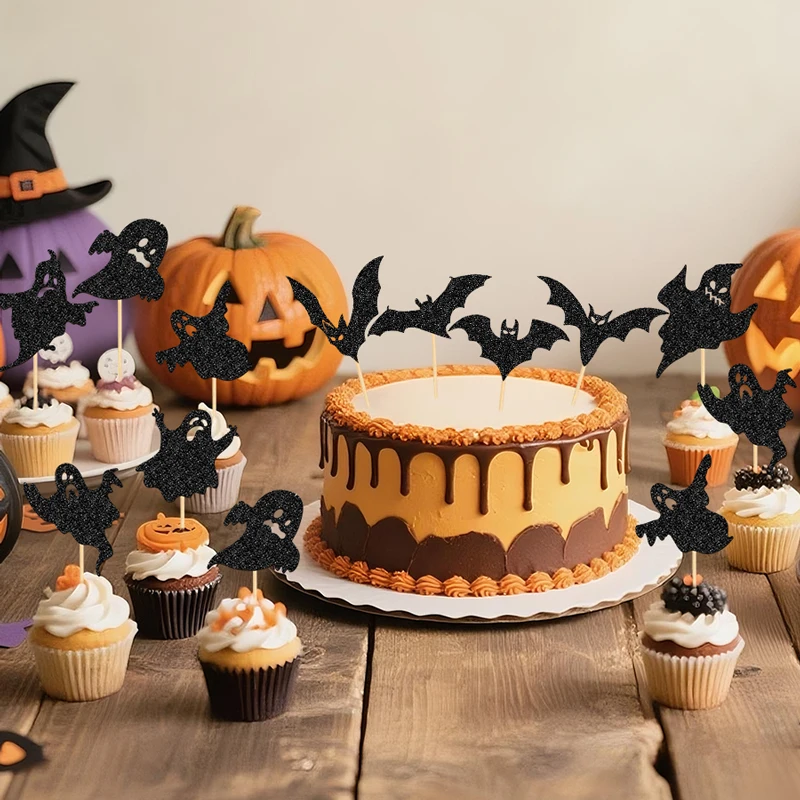 NUBECOM 24 Stück Halloween-Kuchenaufsätze, glitzernde Geister- und Fledermaus-Cupcake-Topper, Geburtstagskuchen-Dekoration, Halloween-Party-Kuchendekoration – Detail 12