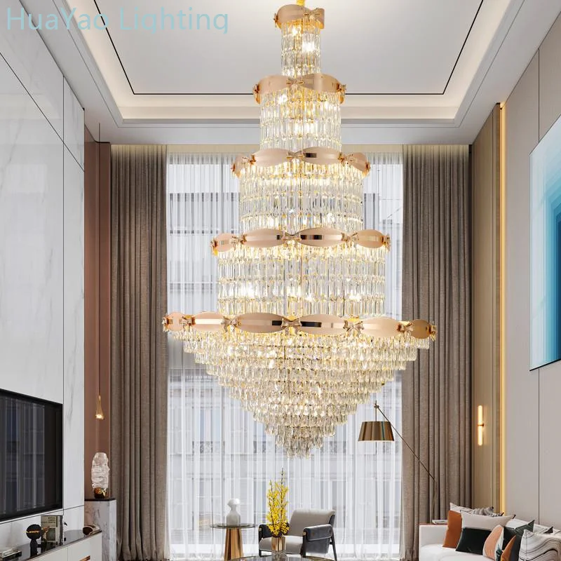 European Crystal Stair Chandelier Light Luxury Creative Villa Duplex Luxury Hollow Building Hotel Luxury Hanging Lighting