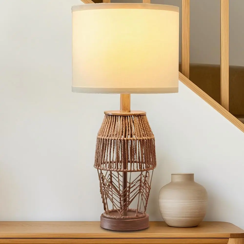 

21.5"" Boho Lamp For Bedroom Farmhouse Table Lamp For Living Room Rattan Wicker Bedside Lamps For Nightstand Vintage Rustic