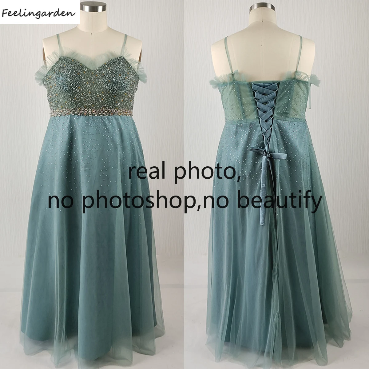 Feelingarden Customized Real Photo Green Beads Tulle Sgaphetti Straps A-line Floor Length Plus size Women Party Formal Gown K356