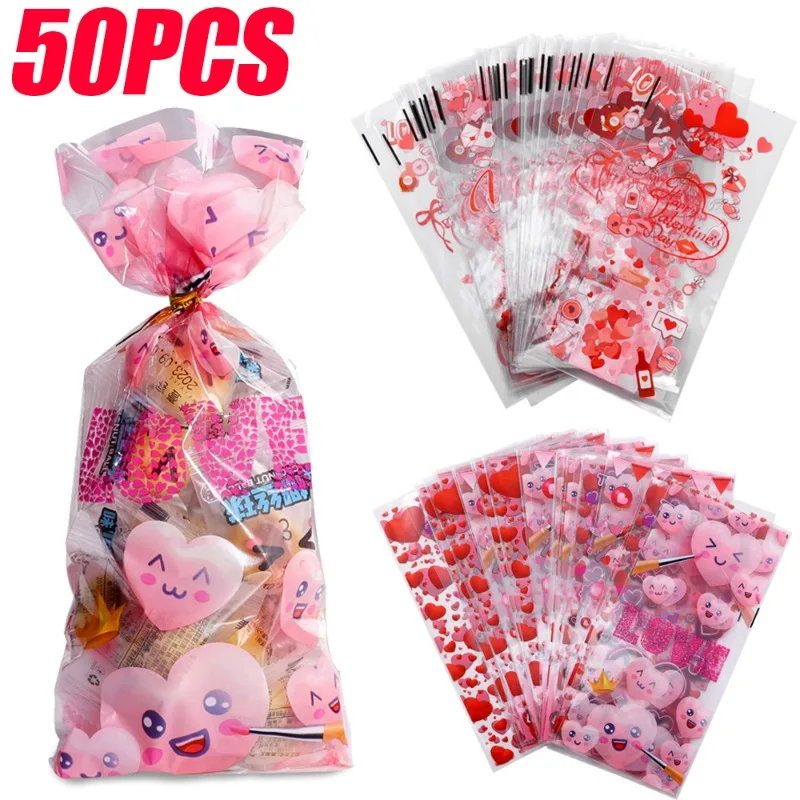 50 pçs dia dos namorados sacos de doces de plástico ano novo festa de casamento presentes decoração transparente biscoito chocolate doces embalagem malotes