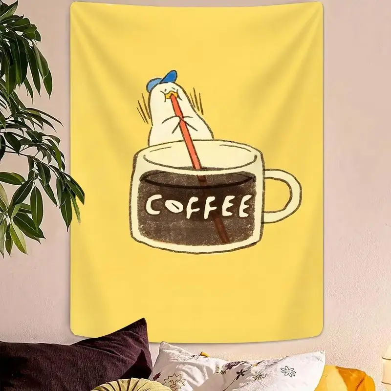 VIKAMA Coffee Survival Duck Tapestry Korean Healing Series, Cozy Wall Art for Coffee Shop Room Decoration