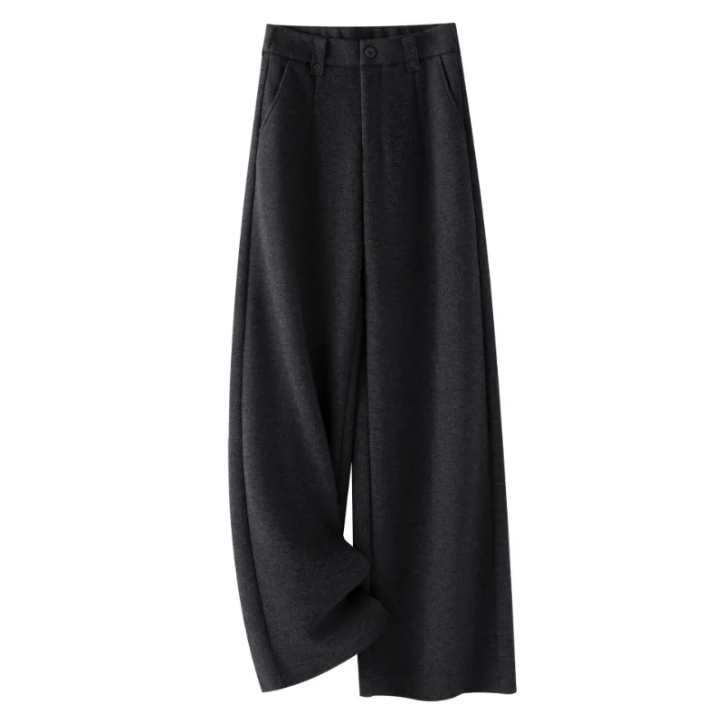 

Dark Gray Woolen Casual Pants for Women Winter Elegant Slim Fit Draped Straight Pants