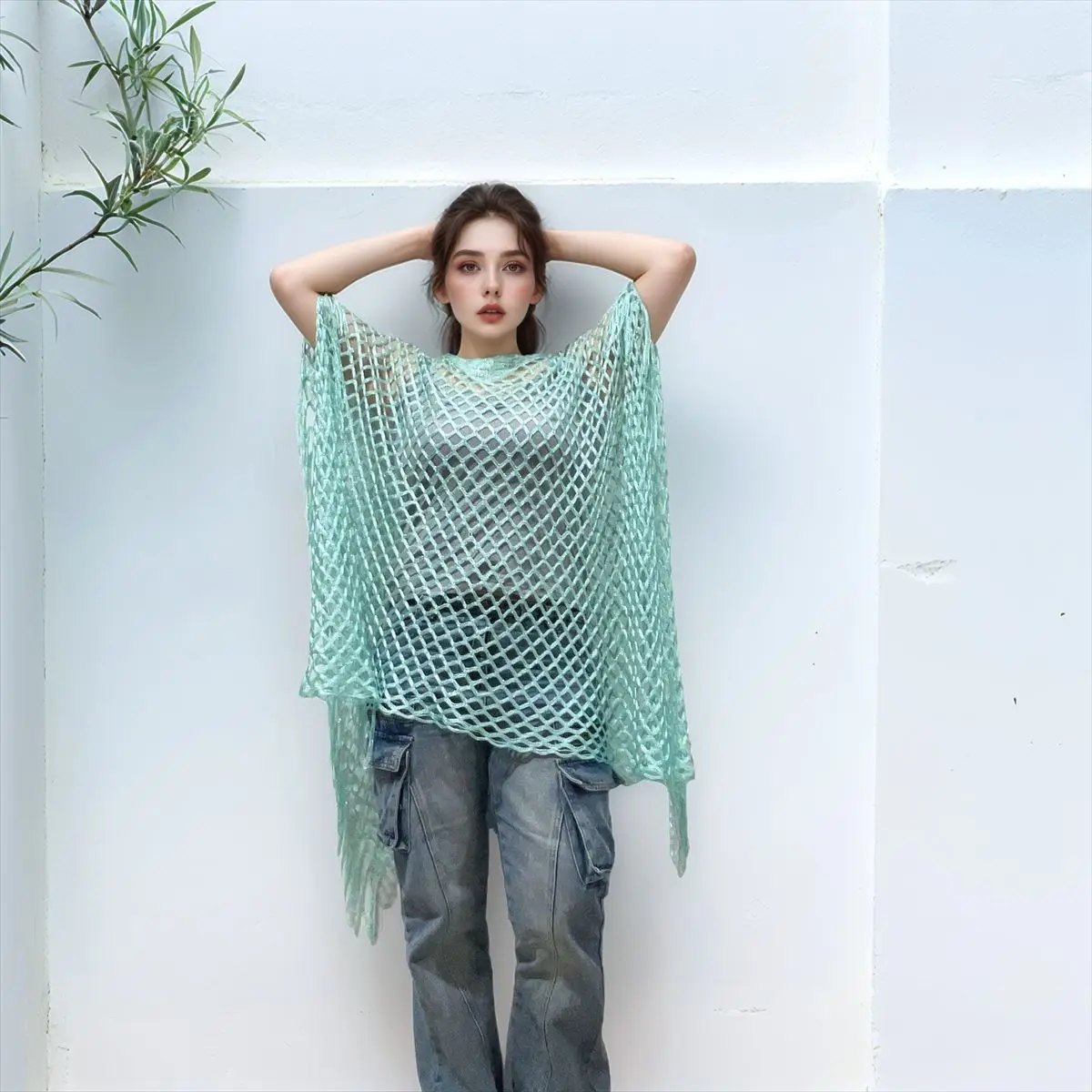 Knitted mesh hollowed out pullover shawl for sun protection women's beach vacation woven swimsuit beach cape summer