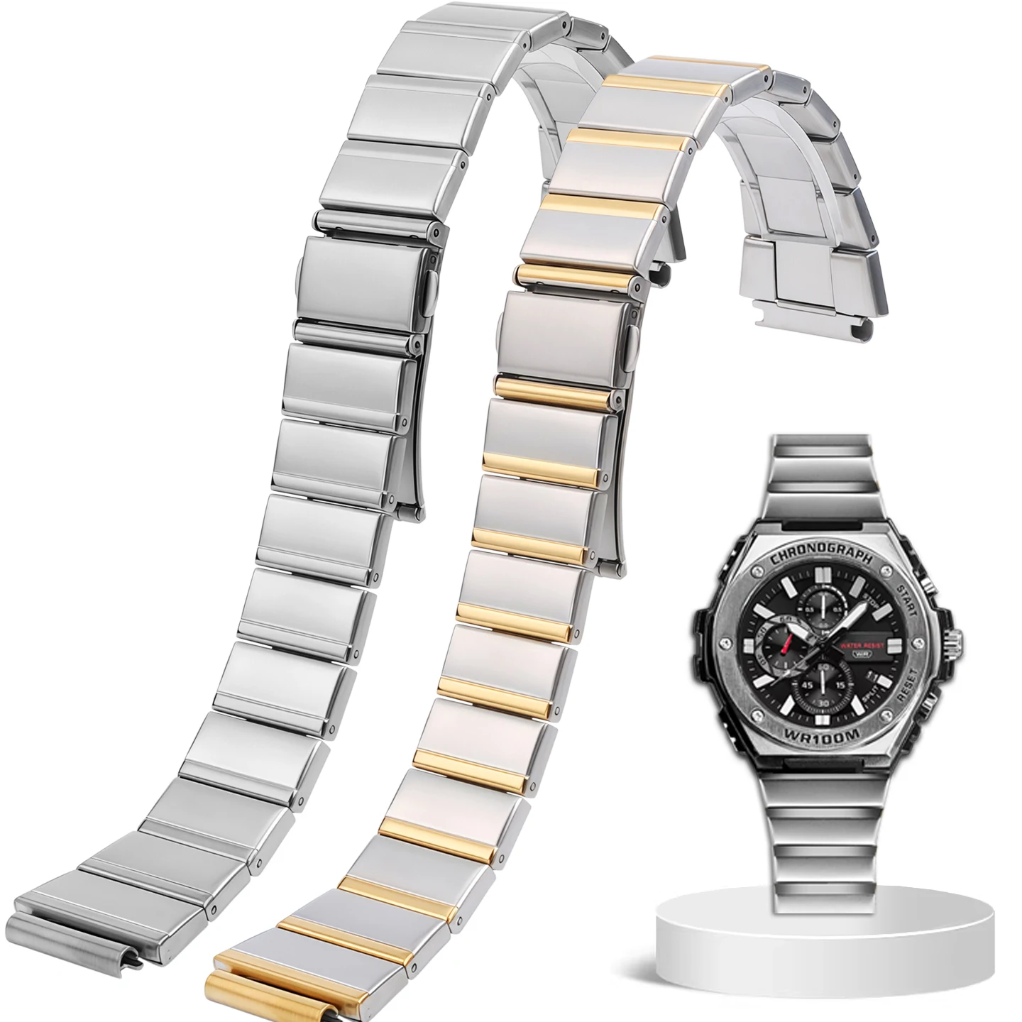Solid, Beveled Premium Steel Watch Band for Casio MWA-100HD-1A MWD-100H Black Knight Watch—Stainless Steel Replacement Band