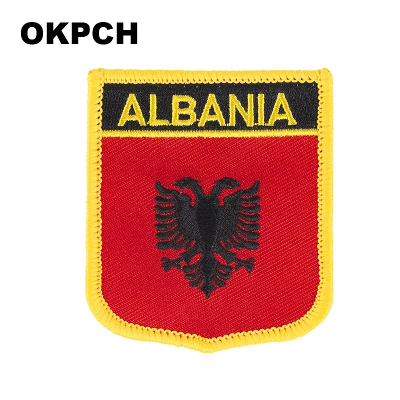 Albania Flag Shield Shape Iron on Embroidery Patches Saw on Transfer Patches Sewing Applications for Clothes Back Pac