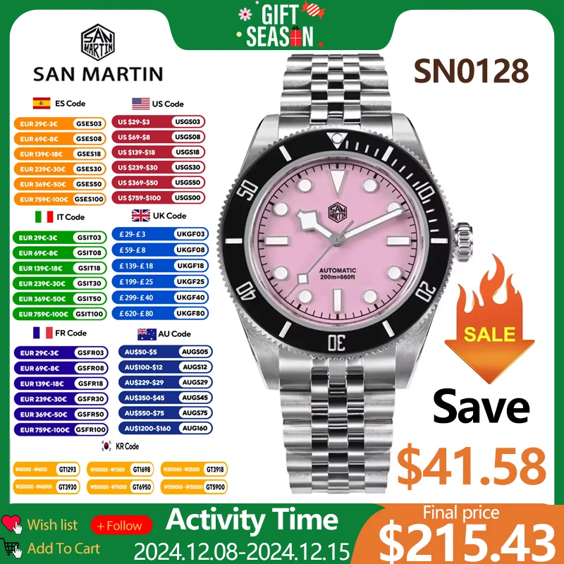 San Martin SN0128 40mm Men Dive Watch NH35 Automatic Mechanical Pink Dial Sapphire Luminous Waterproof Fashion Luxury Watches